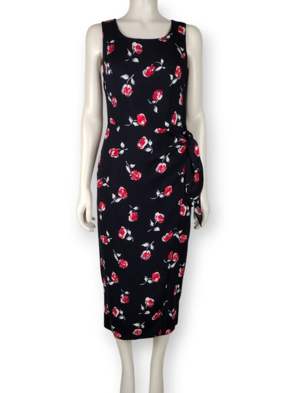 Vintage 1990s Next Page Black Red Rose Floral Wrap Sarong Midi Sheath Dress 6/8